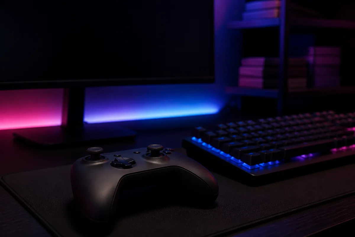 Manette de jeu posée sur un bureau éclairé par des néons colorés, écran allumé en arrière-plan